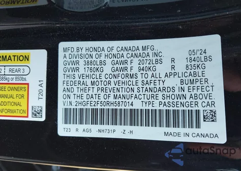 2024 Honda Civic Sport из США, поврежденный, VIN 2HGFE2F50RH587014